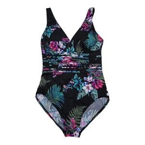 NWT Women's Aqua Green One Piece Swimsuit L Black Tropical Flowers Bathing Suit